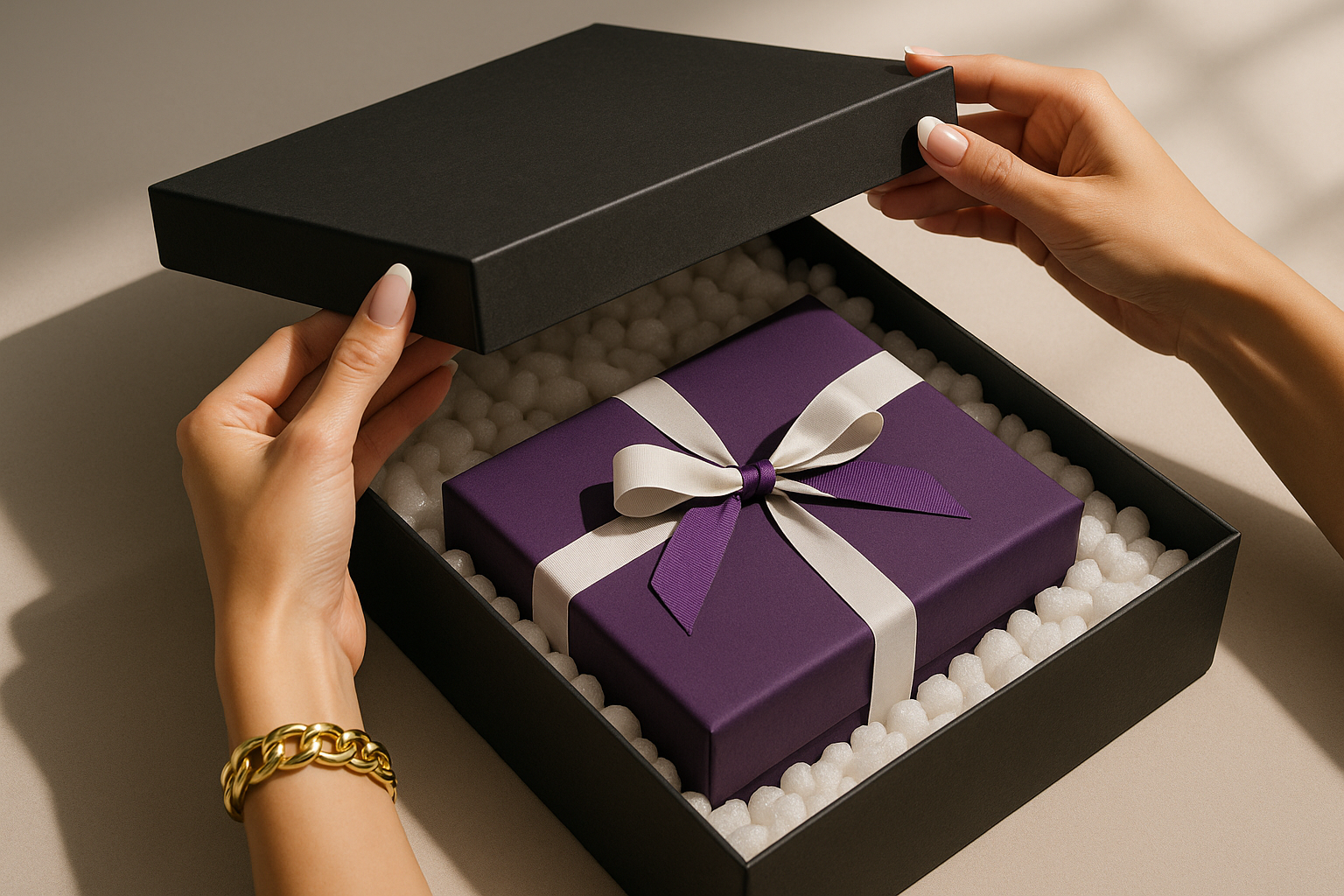 Make the larger box and inner box 2x. Also add a luxury gold chain bracelet on the women's hand