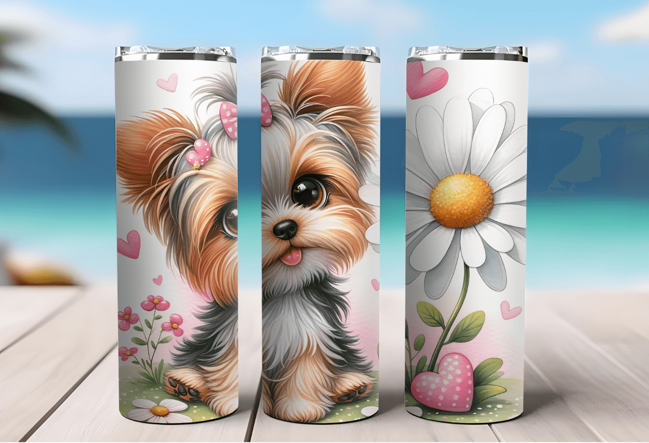 Cute Puppy sitting beside a Daisy on a tumbler